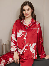 [Mørkerød] SilkSilky-NO Long Sleeve Lapel Collar Pyjamas for Kvinner 005