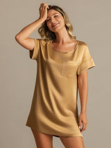 [Tan] SilkSilky-NO 19Momme Kort erm Rund Hals Nattkjole 007