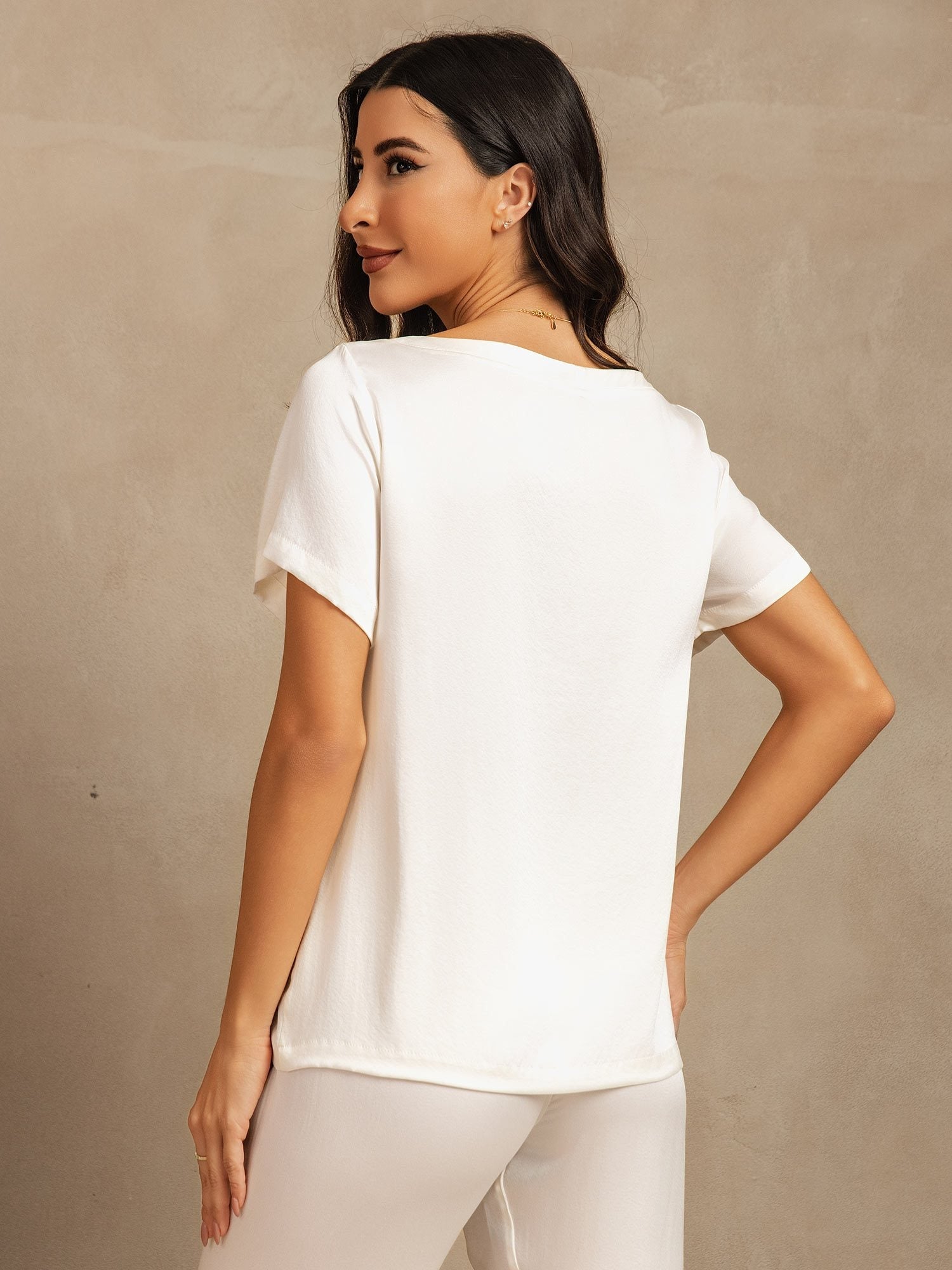 [Hvit] SilkSilky-NO 19Momme Silke Womens Pajamas 002