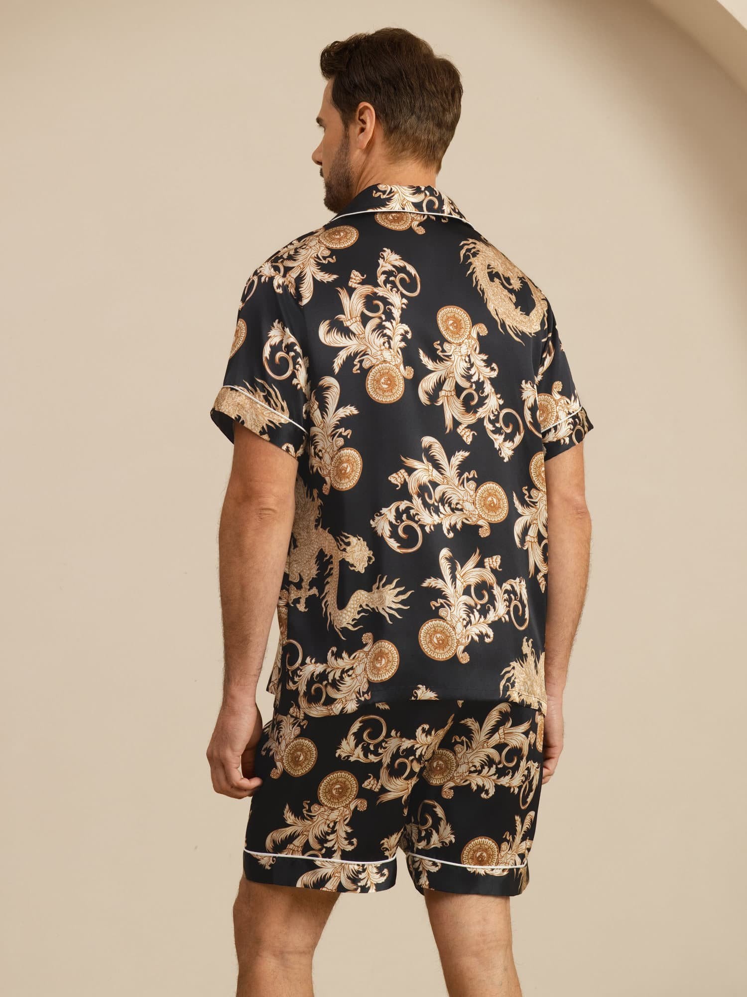 [Svart Drage] SilkSilky-NO Kort erm Notchkrage Pyjamas for menn 002