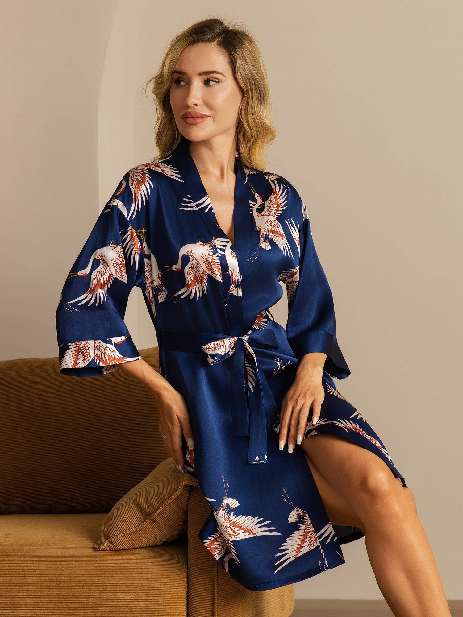 [Mørkeblå] SilkSilky-NO 19Momme Silke Womens Robe 001