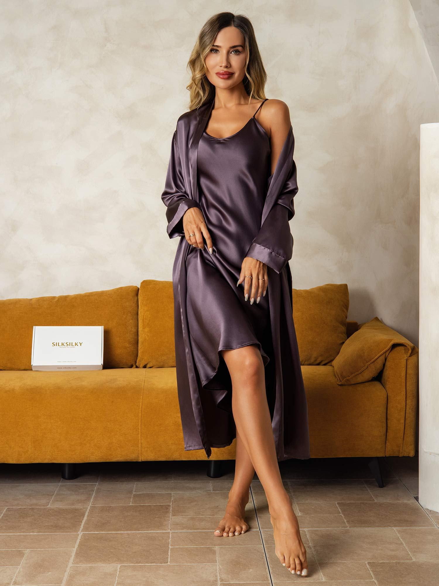 [Lilla Grå] SilkSilky-NO Silke Nightgown&Robe Set 005