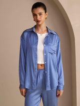 [Blå Nålestripete] SilkSilky-NO Long Sleeve Lapel Collar Women's Outfit Sets 004