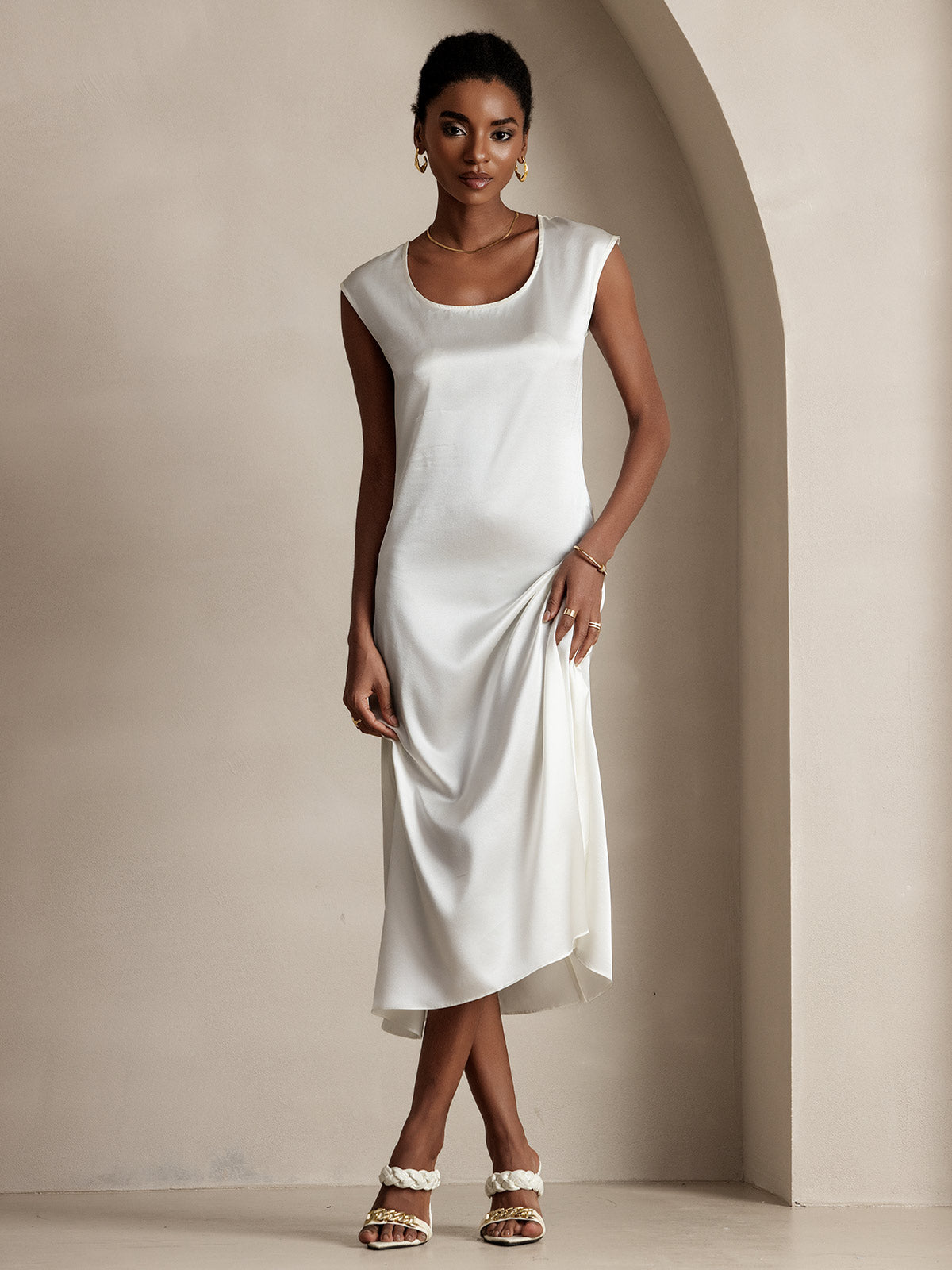 [Hvit] SilkSilky-NO 19Momme Silke Dress 001
