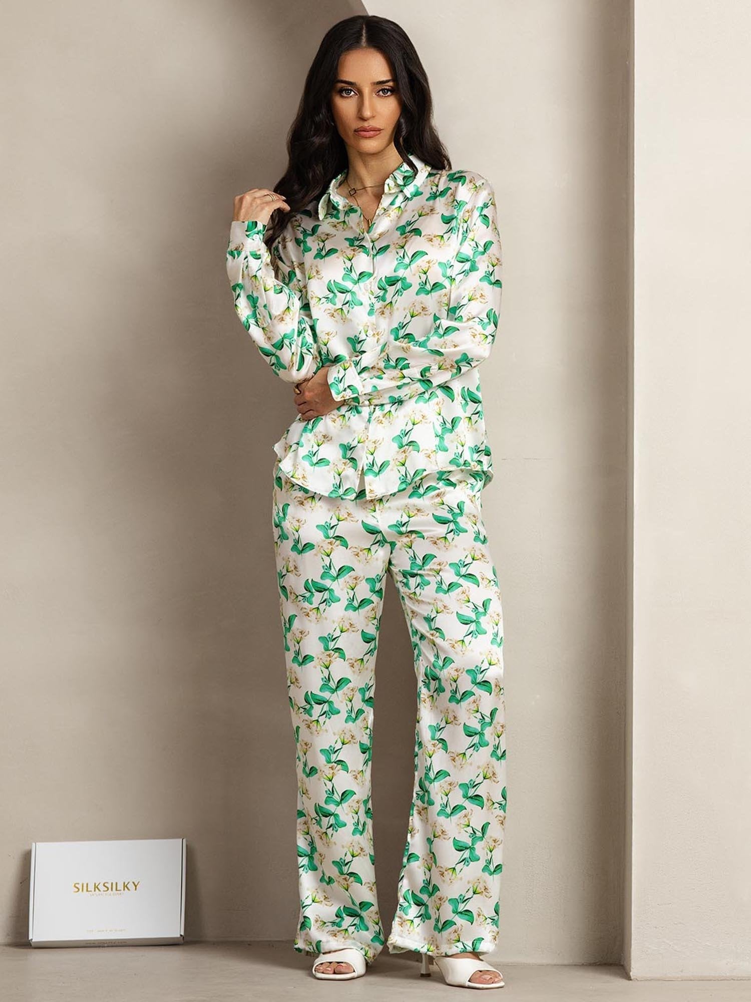 [Grønn Blomster] SilkSilky-NO 19Momme Silke Womens Outfit Sets 004