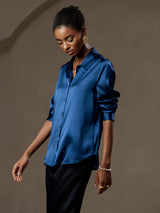 [Blågrønn] SilkSilky-NO Long Sleeve Lapel Collar Skjorte for Kvinner 006