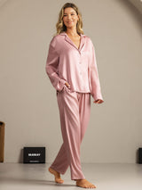 [Ferskenhud] SilkSilky-NO 19Momme Langermet Notchkrage Pyjamas for Kvinner 006