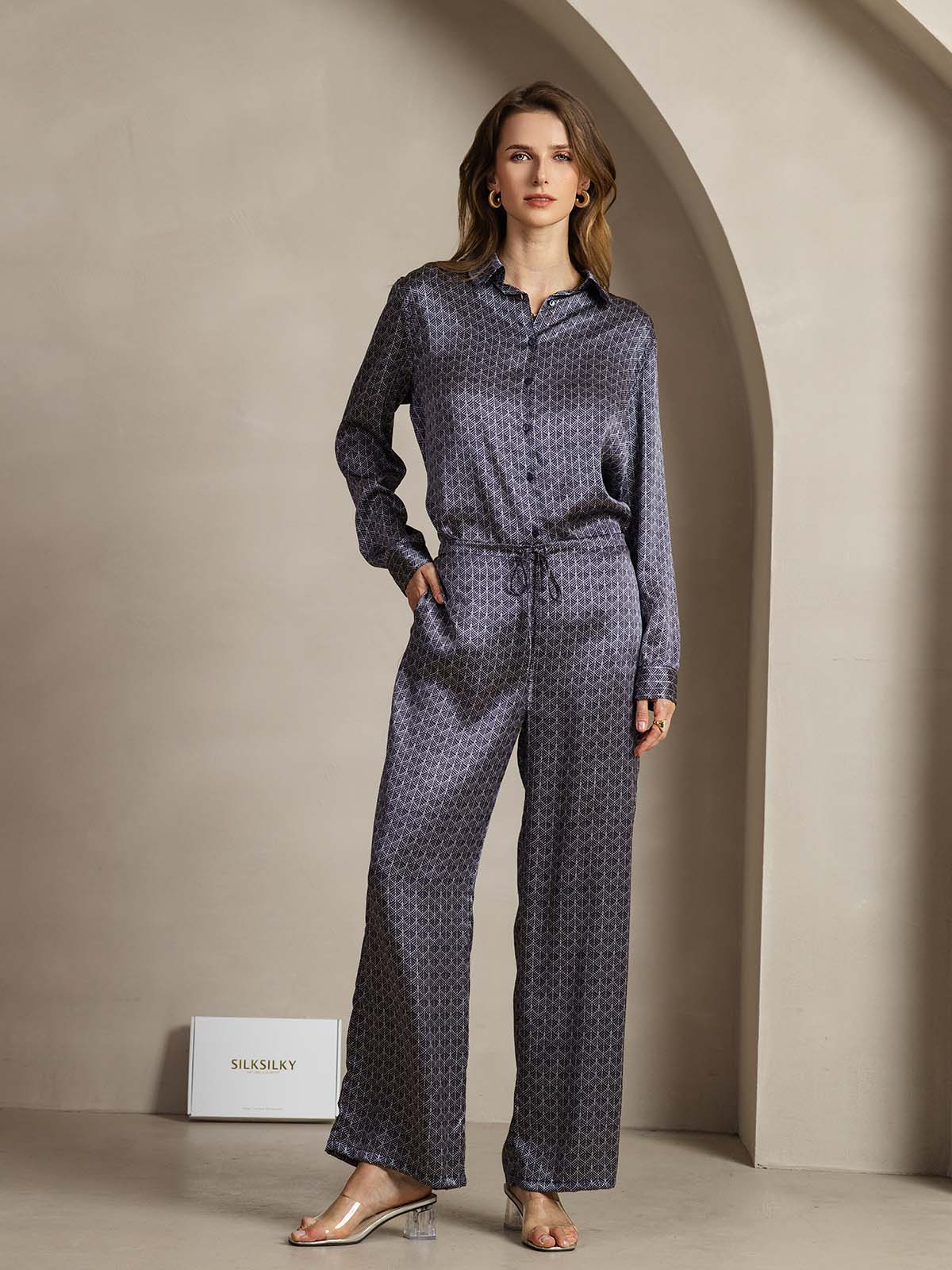 [Marine Ginkgo] SilkSilky-NO 19Momme Silke Womens Pants 004