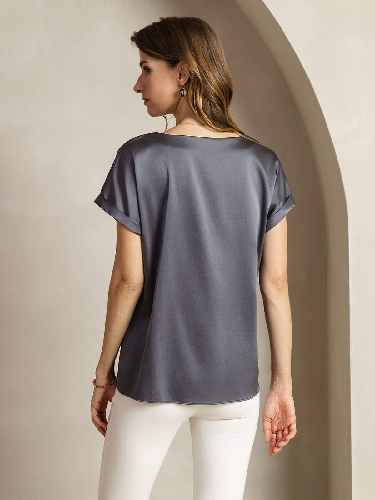 [Mørkegrå] SilkSilky-NO 19Momme Silke Womens T-Shirt 002