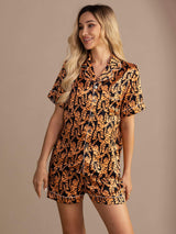 [Svart Tiger] SilkSilky-NO Short Sleeve Lapel Collar Pyjamas for Kvinner 001