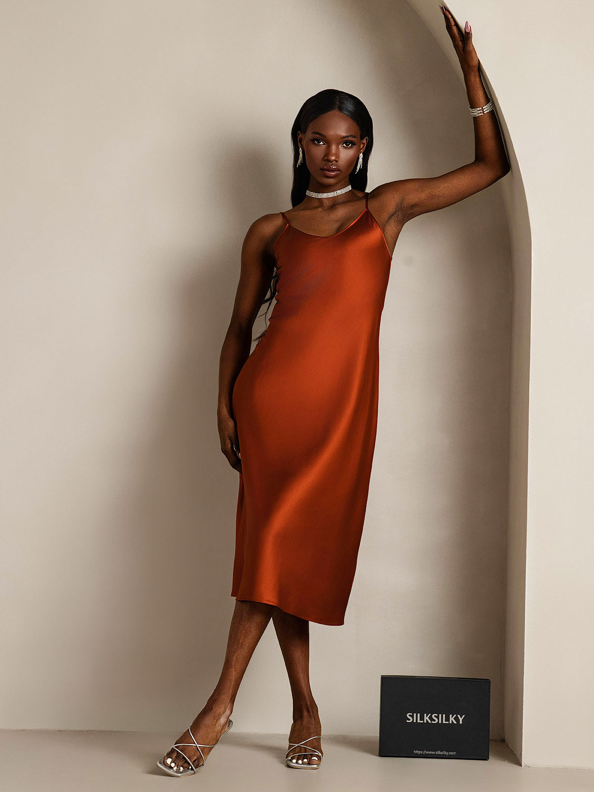 [Karamell] SilkSilky-NO Pure Silk Sleeveless Round Neck Kjole 001
