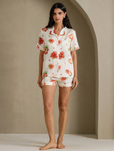 [Hvit Jordbær] SilkSilky-NO Short Sleeve Notch Collar Pyjamas for Kvinner 006