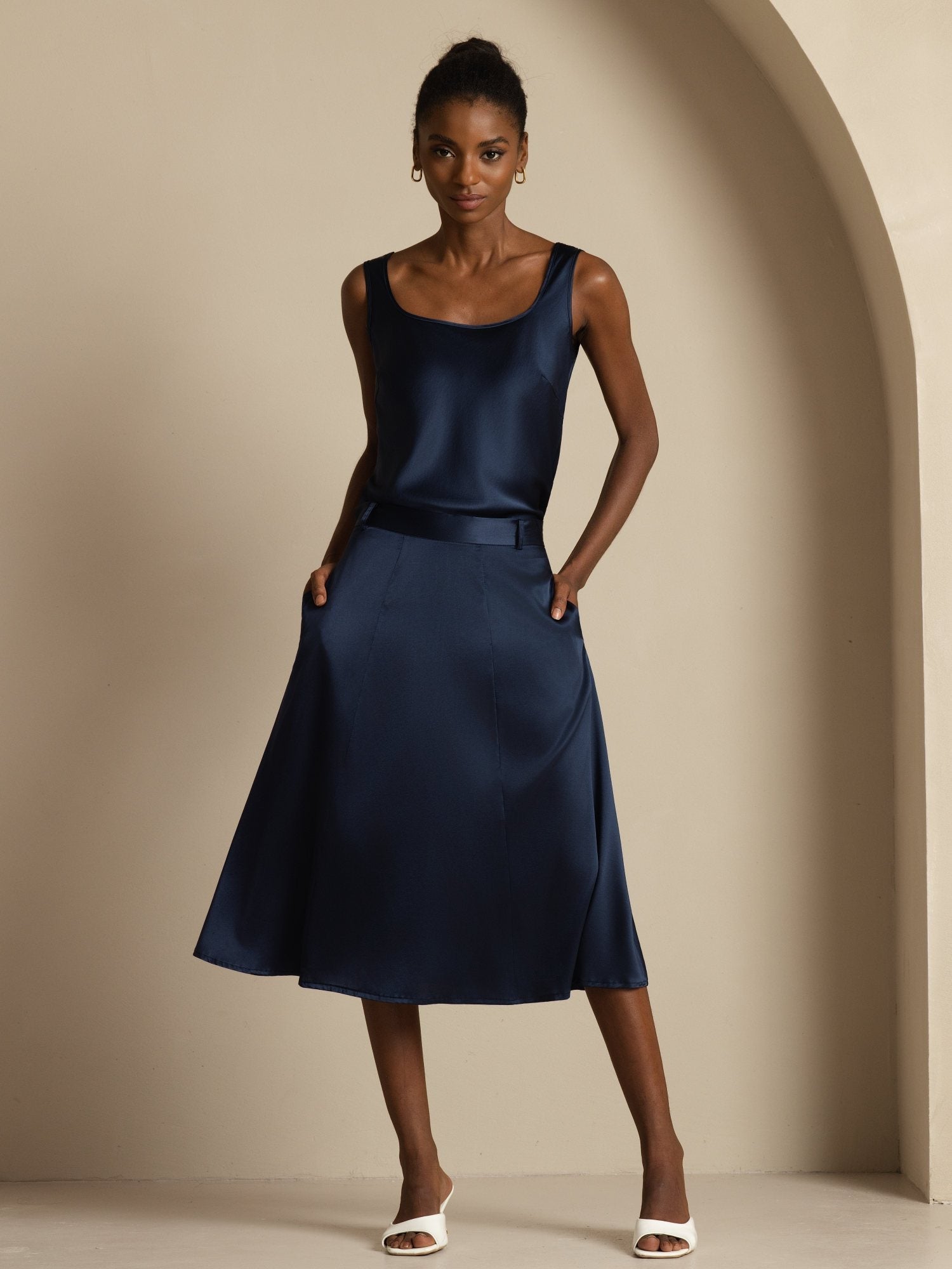 [Mørkeblå] SilkSilky-NO 19Momme Silke Skirt 006