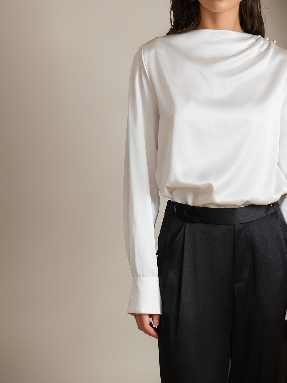 [Hvit] SilkSilky-NO 19Momme Silke Womens Shirt 004