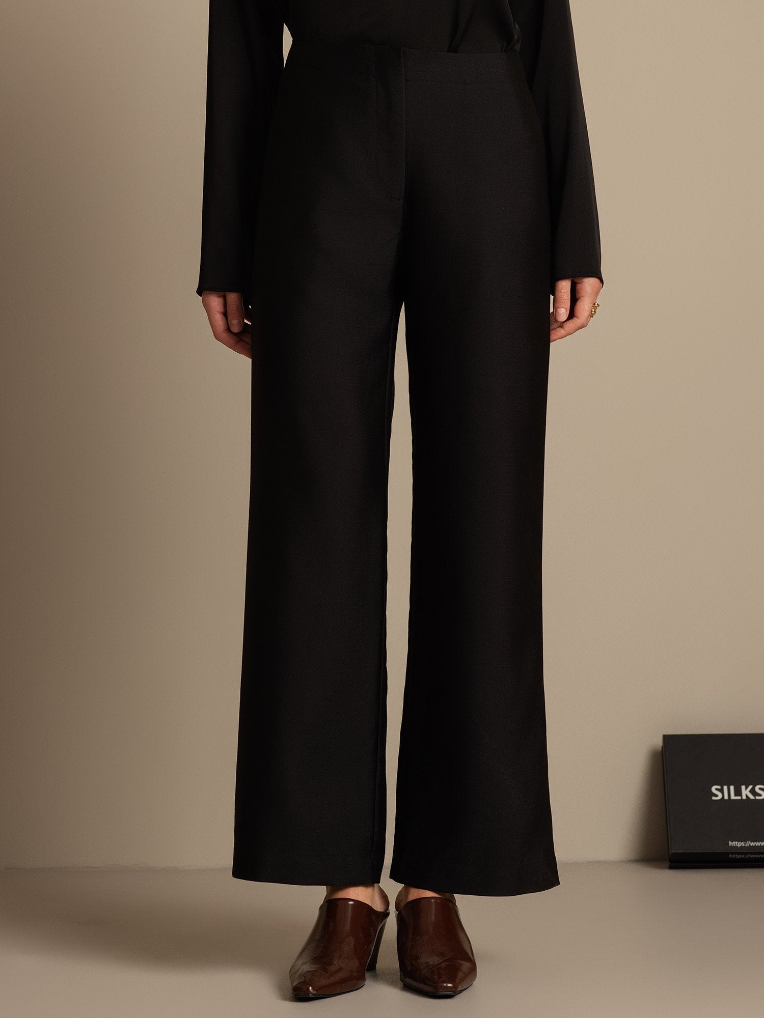 [Svart] SilkSilky-NO 32Momme Silk-Wool Blend Womens Pants 003,