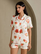 [Hvit Jordbær] SilkSilky-NO Short Sleeve Notch Collar Pyjamas for Kvinner 001