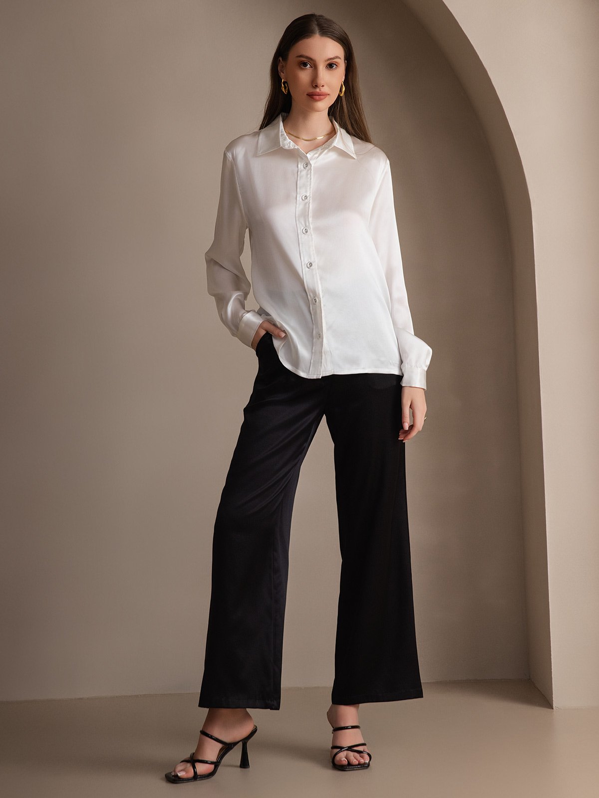SilkSilky-NO 19Momme Silke Womens Shirt Hvit 007