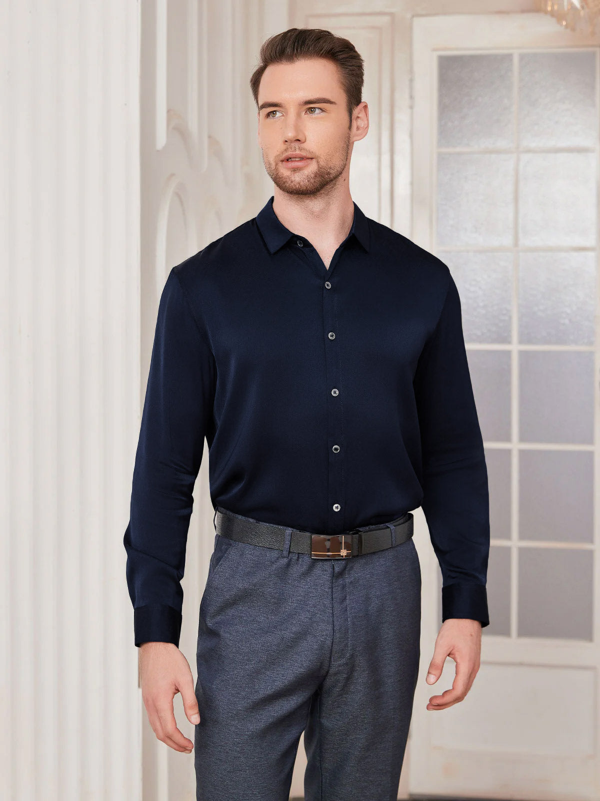 [Mørke blå] SilkSilky-NO Silke Mens Shirt 003