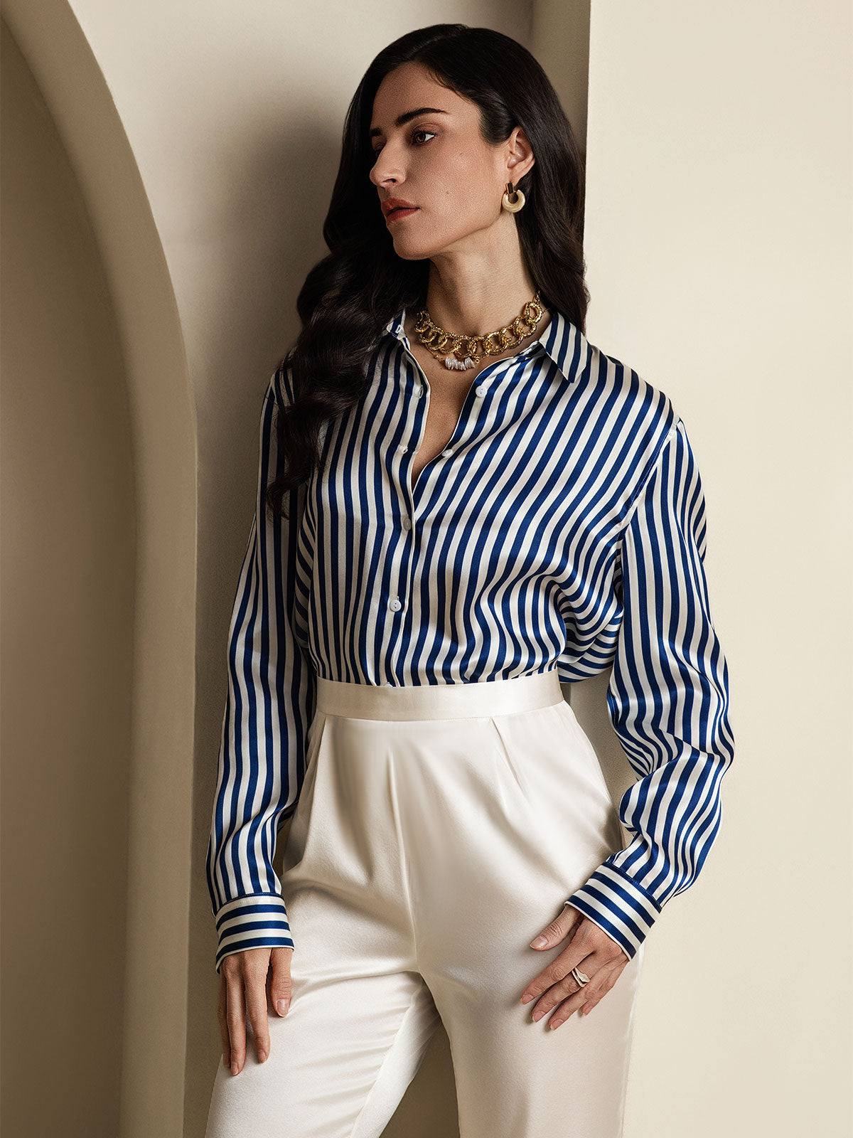 [Blå] SilkSilky-NO Silke Long Sleeve Collar Skjorte for Kvinner 005