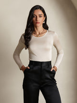 [Beige] SilkSilky-NO Langermet Rund Hals T-skjorte for Kvinner 004