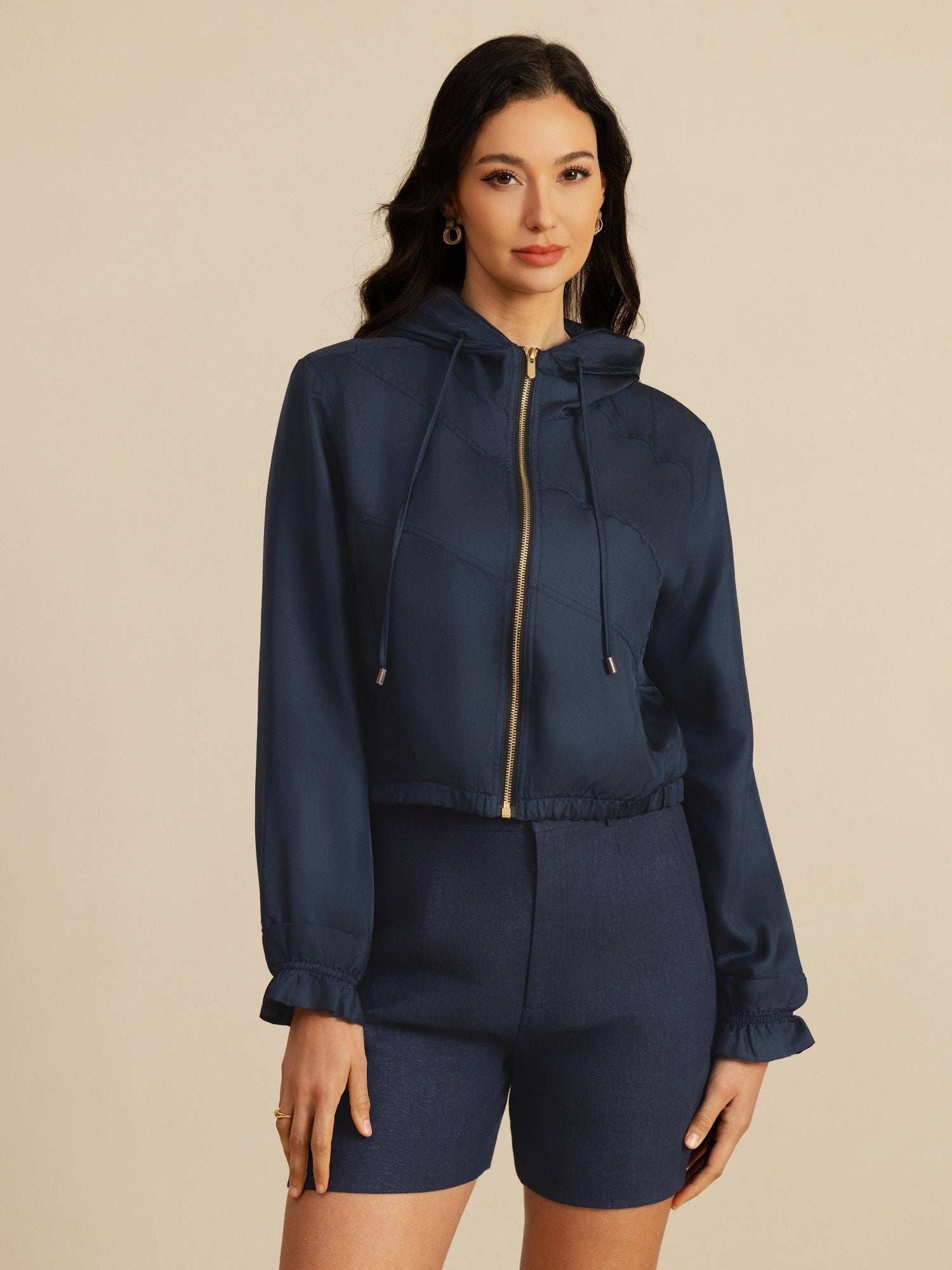 [Mørkeblå] SilkSilky-NO 18Momme Langermet Høy Hals Yttertøy for Kvinner 004