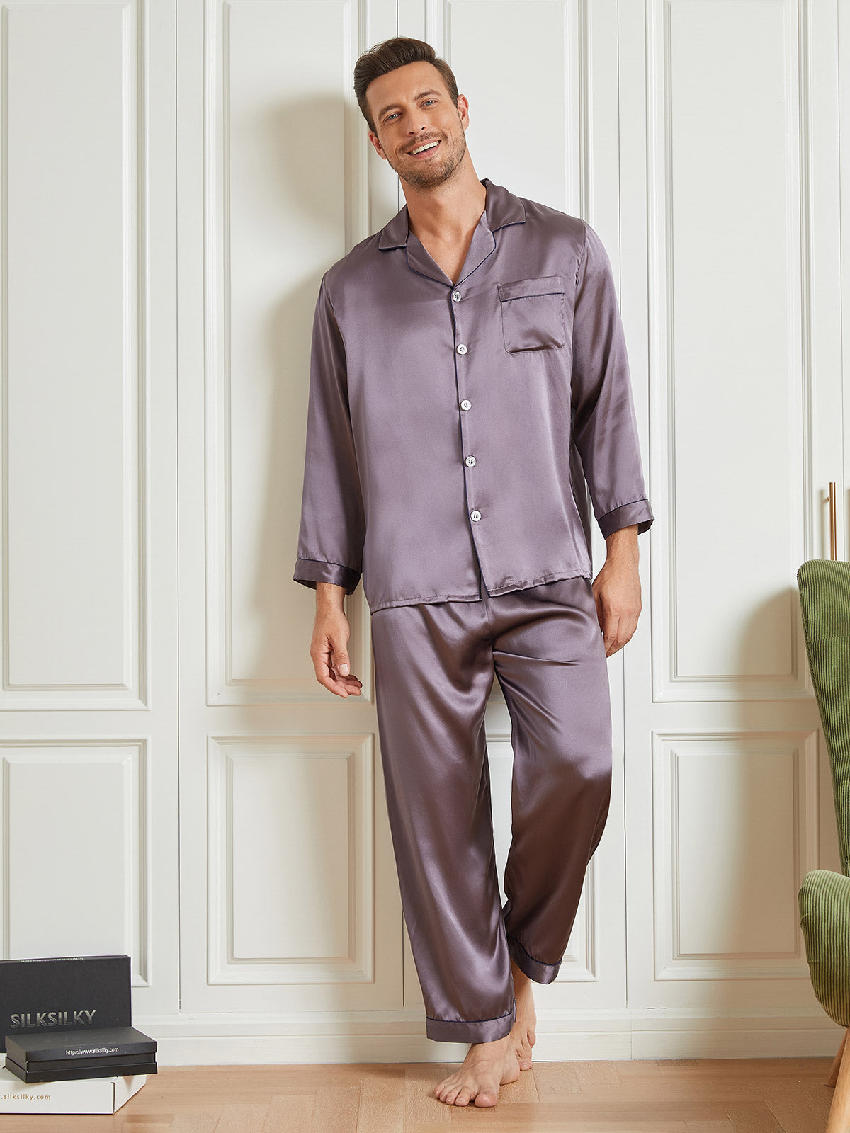 [Lilla Grå] SilkSilky-NO 19Momme Mens Pajamas 003