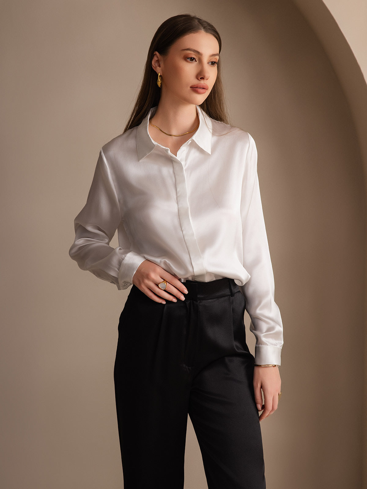 [Hvit] SilkSilky-NO 19Momme Silke Lapel Collar Skjorte for Kvinner 001