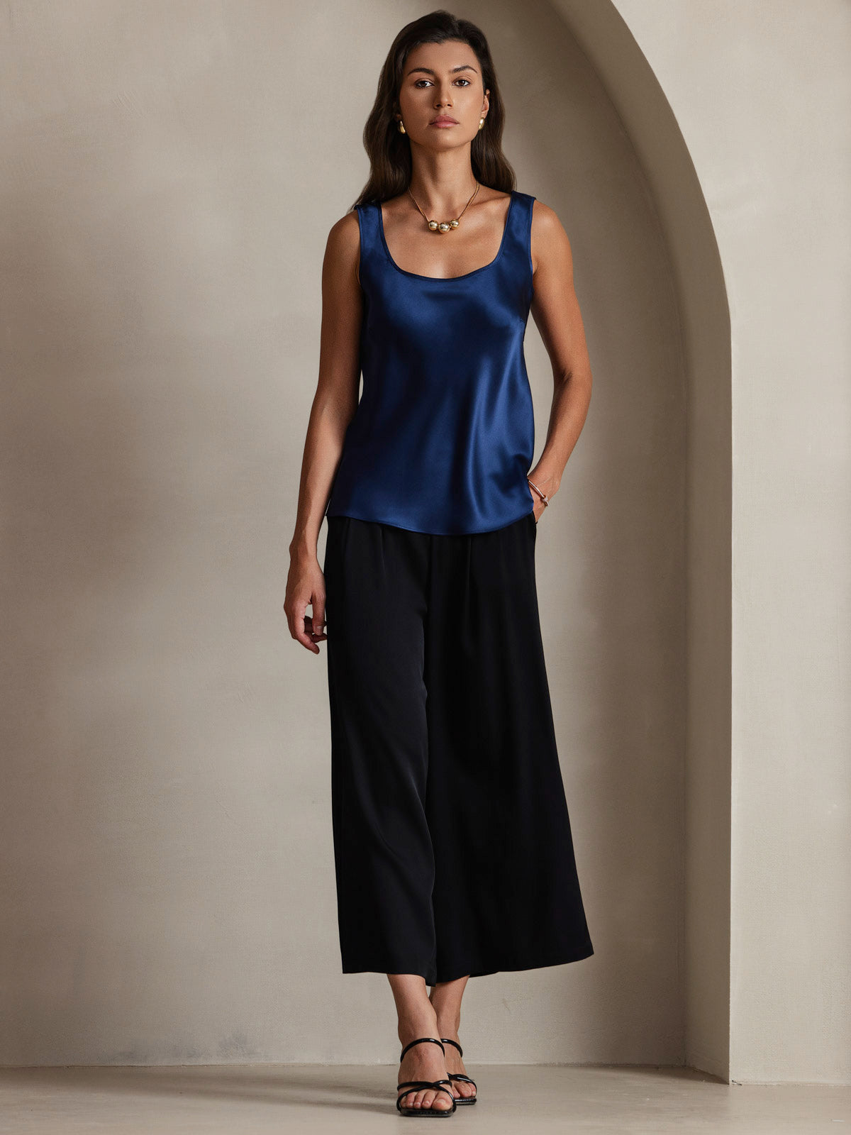 [Mørke blå] SilkSilky-NO 19Momme Silke U-hals Camisole Topp 007