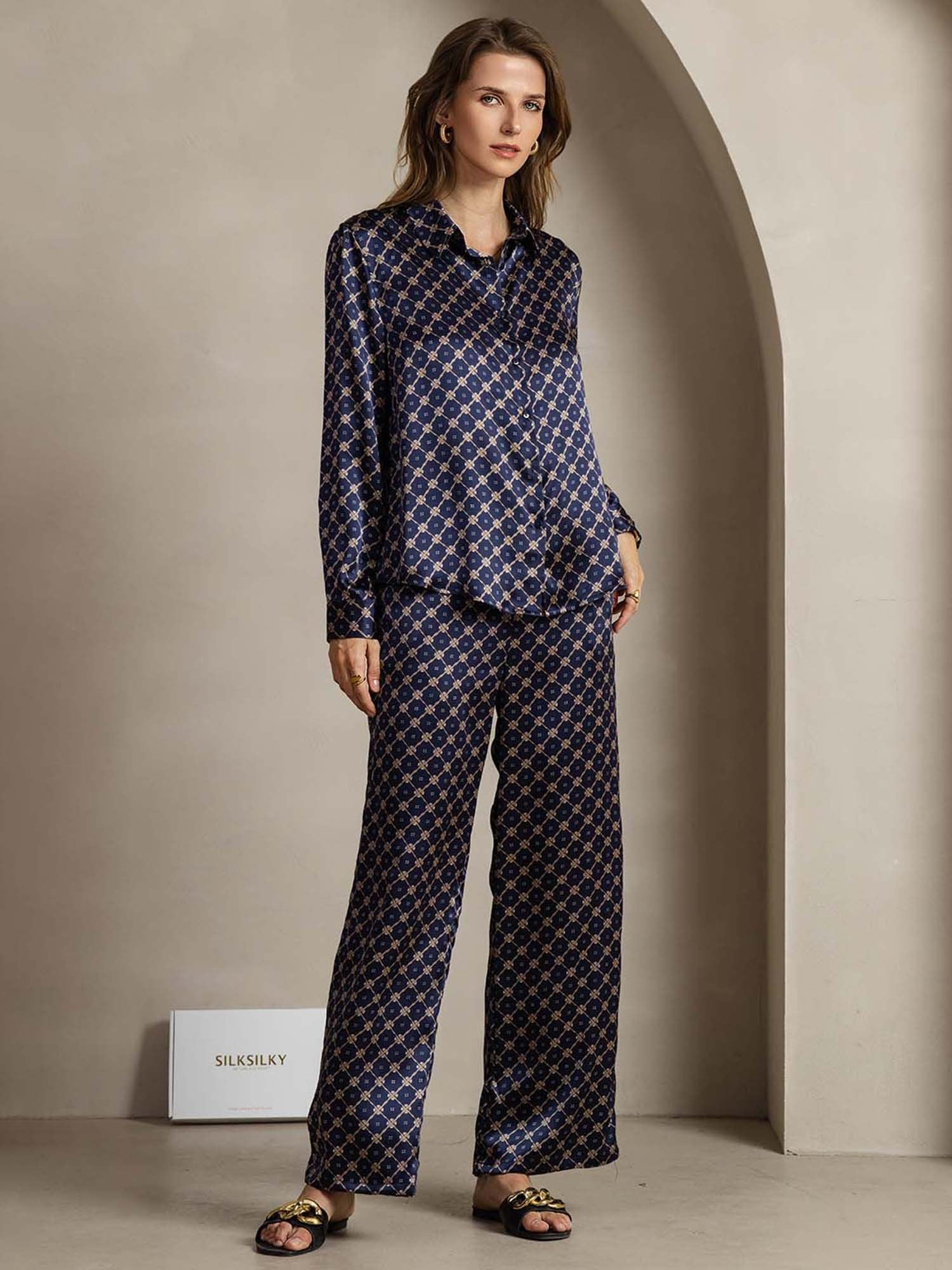 [Marine Kjede] SilkSilky-NO 19Momme Silke Womens Outfit Sets 001