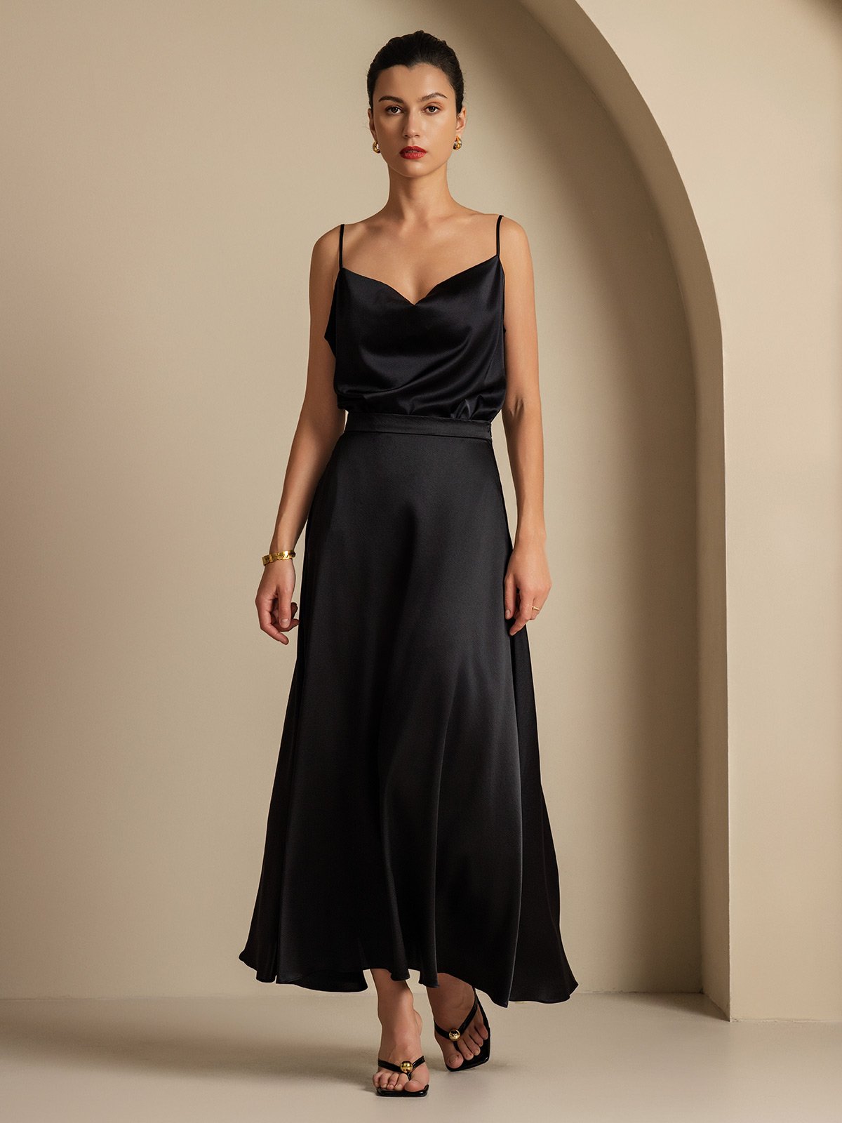 [Svart] SilkSilky-NO 19Momme Silke Womens Outfit Sets 001,