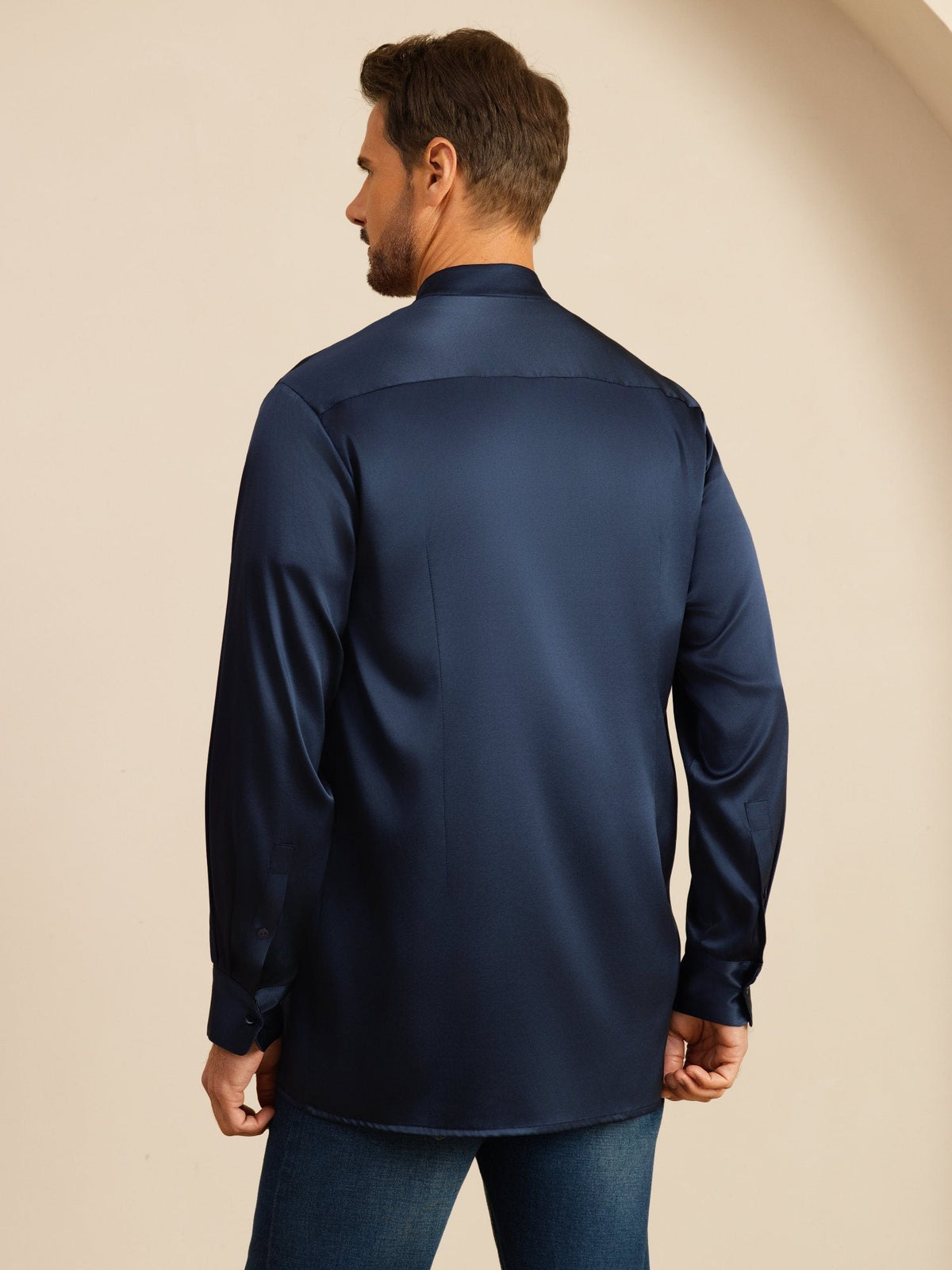 [Mørke blå] SilkSilky-NO Long Sleeve Stand Collar Skjorte for Menn 002