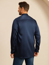 [Mørke blå] SilkSilky-NO Long Sleeve Stand Collar Skjorte for Menn 002