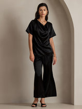 [Svart] SilkSilky-NO Short Sleeve Cowl Neck Damebluser 003