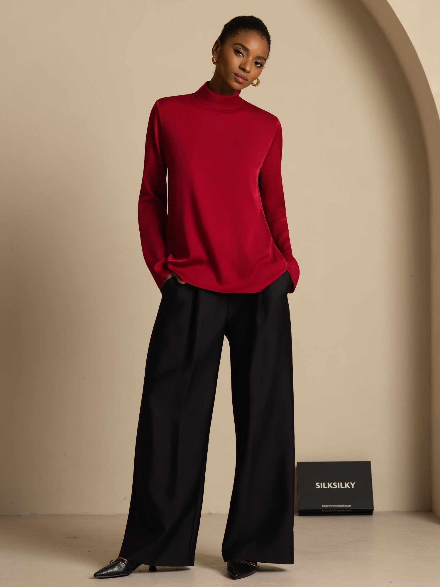 [Vin] SilkSilky-NO 19Momme Silke Langermet Rullehals T-skjorte for Kvinner 001