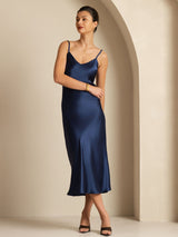 [Mørke blå] SilkSilky-NO Spaghetti Strap V Neck Kjole 001