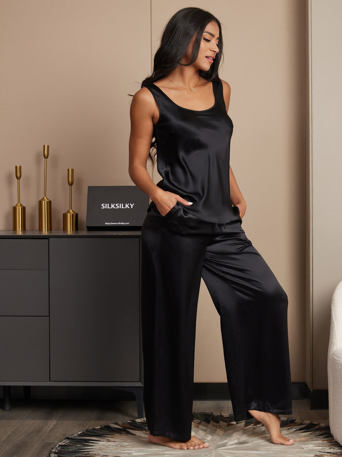 [Svart] SilkSilky-NO Båthals Camisole sett 004