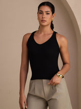 [Svart] SilkSilky-NO Sleeveless Deep V Neck Camisole Topp 003