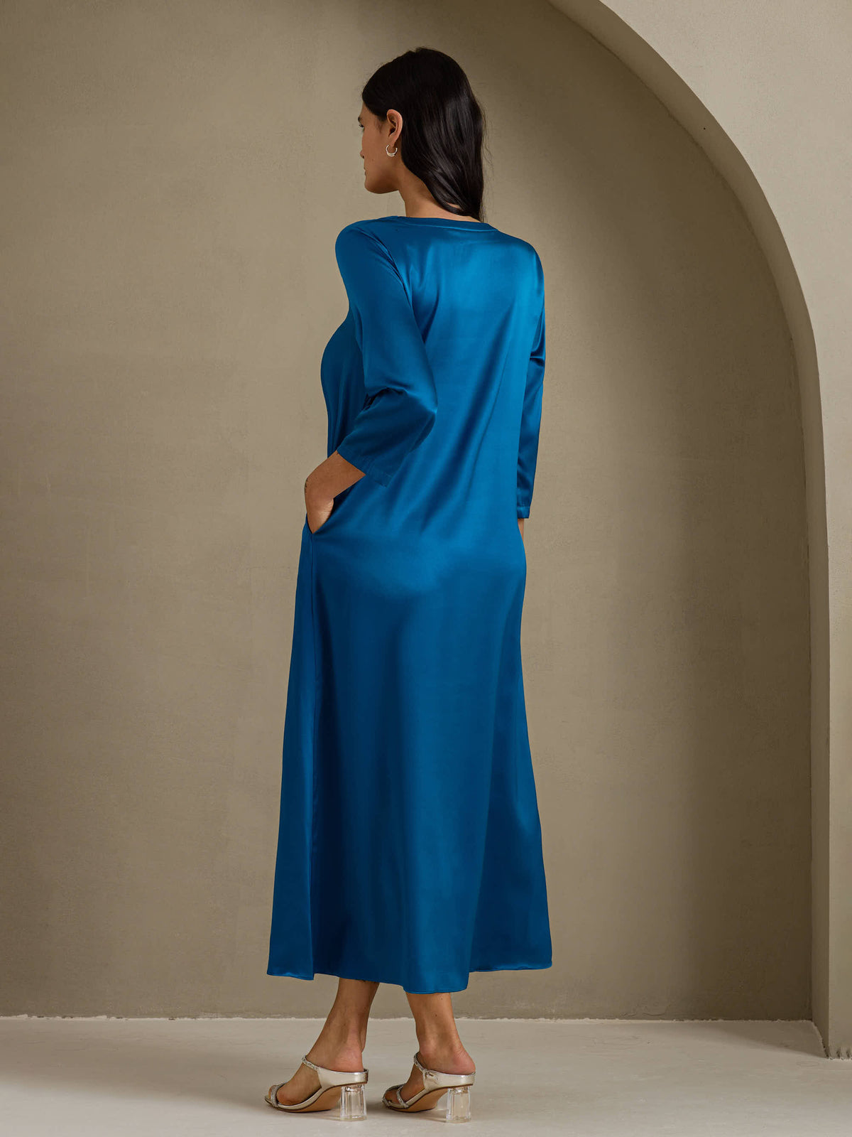 [Blågrønn] SilkSilky-NO 3/4 Sleeve Round Neck Kjole 002