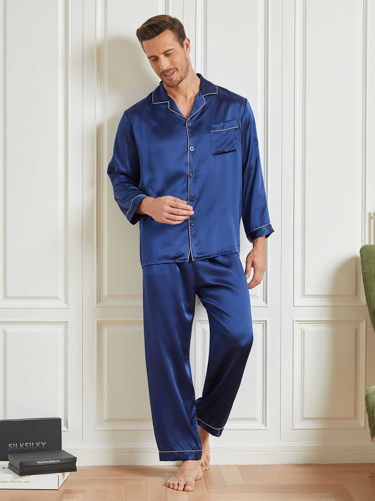 [Mørke blå] SilkSilky-NO 19Momme Mens Pajamas 005