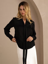 [Svart] SilkSilky-NO Long Sleeve Tie Neck Damebluser 002
