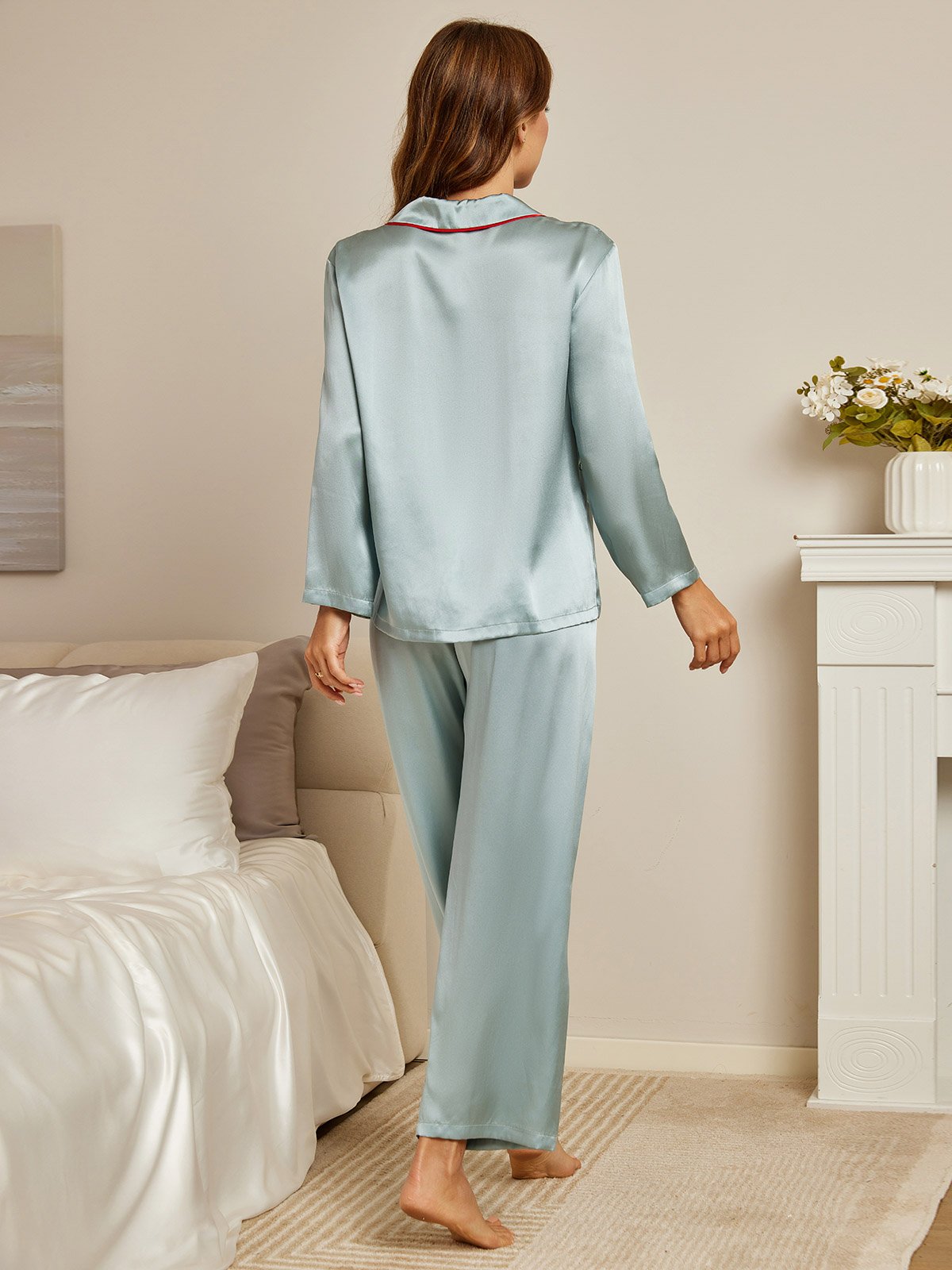 SilkSilky US Pure Silk Long Sleeve Collar Women's Pajamas LightBlue 002