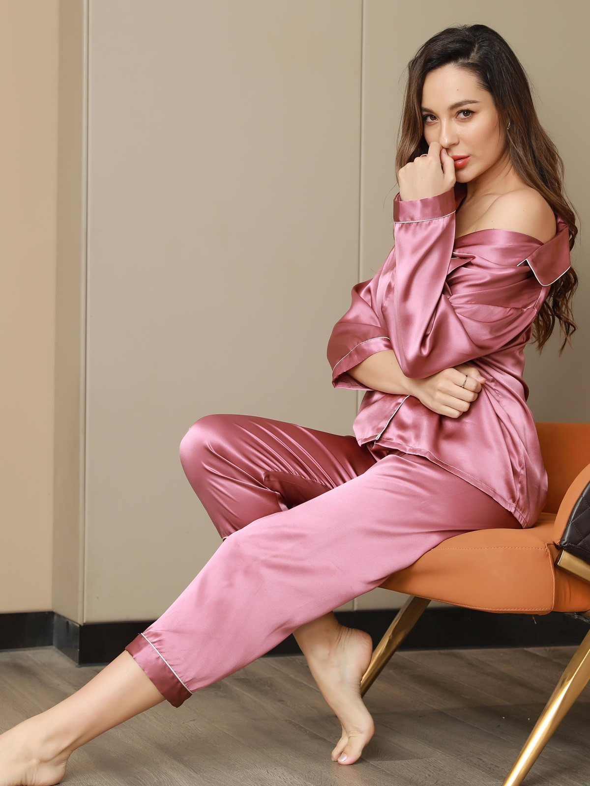 [Blek Mauve] SilkSilky-NO Pure Silk Long Sleeve Lapel Pyjamas for Kvinner 006
