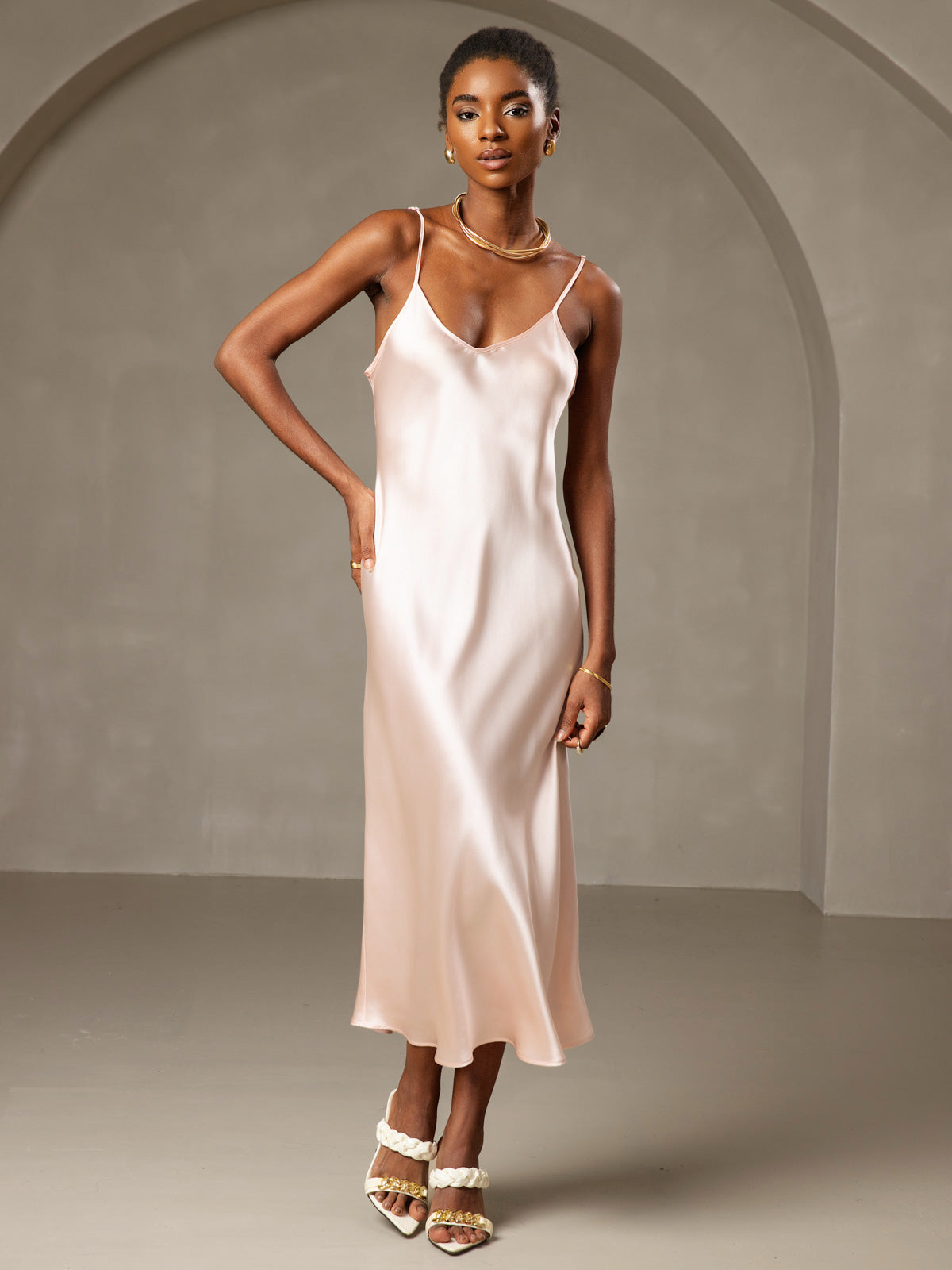 [Rosa] SilkSilky-NO Pure Silk Sleeveless Round Neck Kjole 003