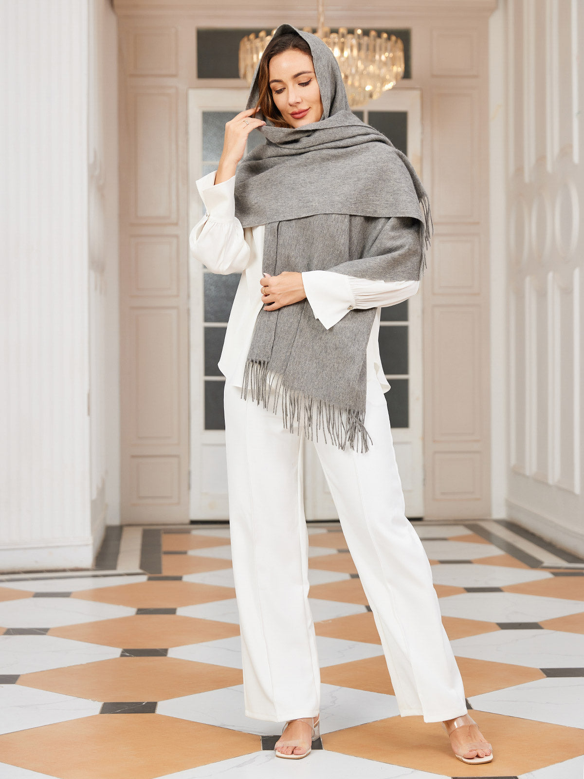 [Grå] SilkSilky-NO Ull Scarf 003