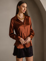 [Karamell] SilkSilky-NO Long Sleeve Lapel Collar Skjorte for Kvinner 004