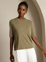 [Brent Oliven] SilkSilky-NO Halv erme Crew Neck T-skjorte for Kvinner 007