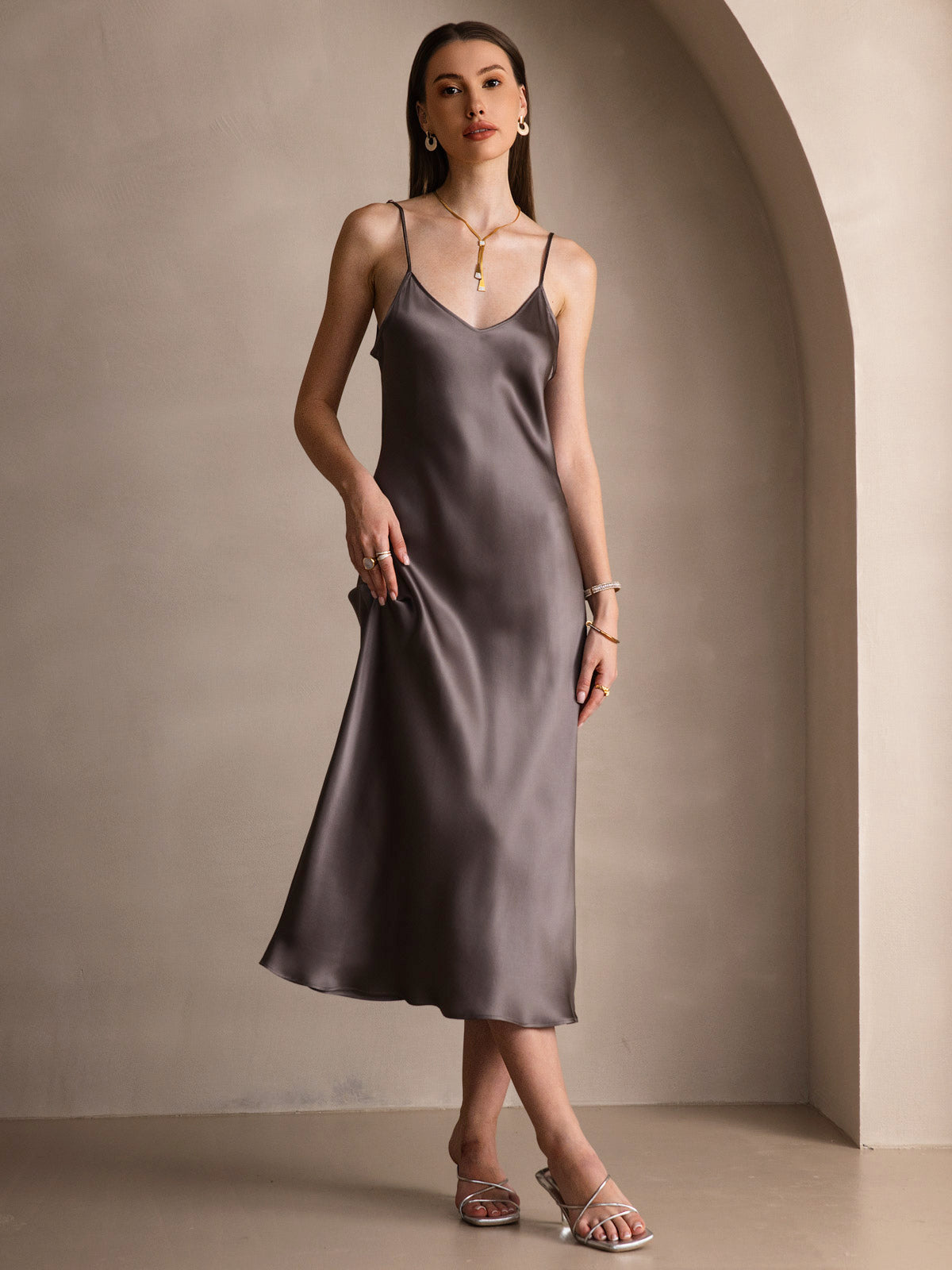 [Mørk Kaki] SilkSilky-NO Pure Silk Sleeveless Round Neck Kjole 001