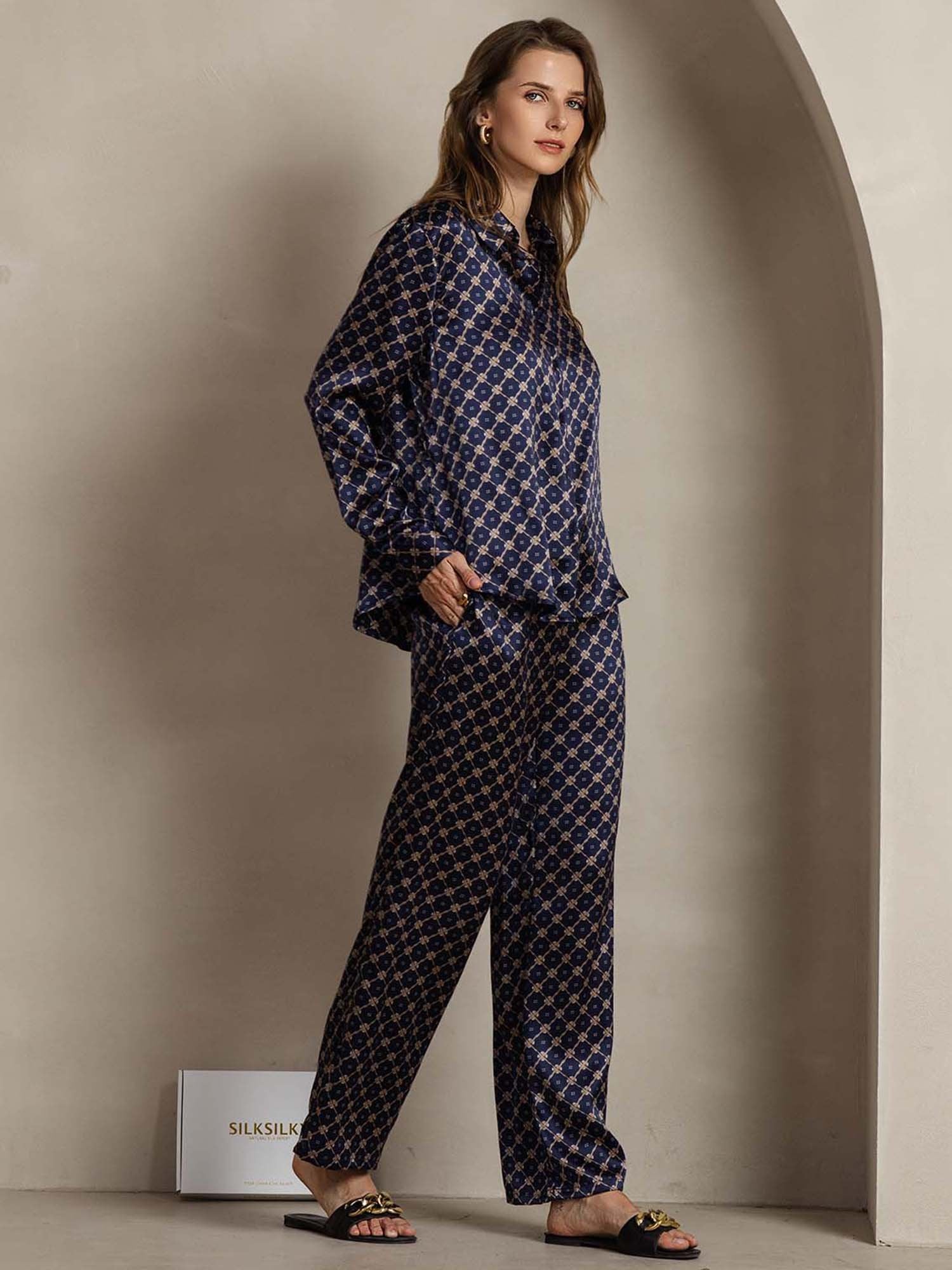 [MarineKjede] SilkSilky-NO 19Momme Silke Lapel Collar Women''s Outfit Sets 004