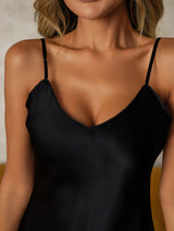 [Svart] SilkSilky-NO Spaghetti Strap V Neck Nattkjole 004