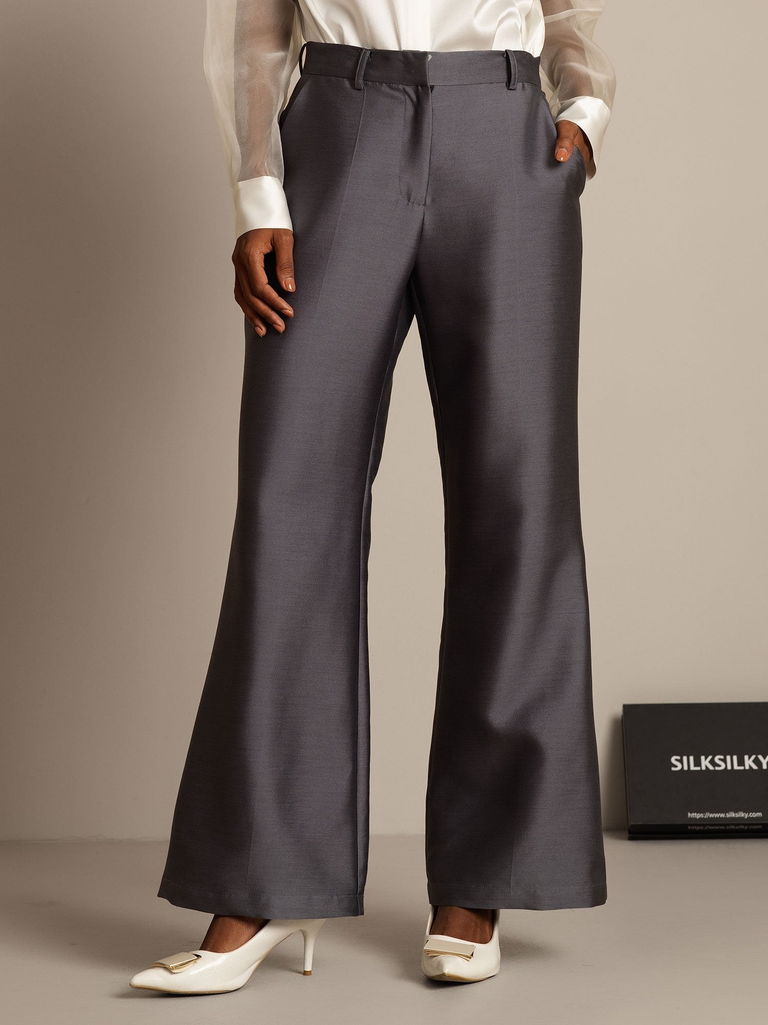 [Grå] SilkSilky-NO 32Momme Silk-Wool Blend Womens Pants 001,